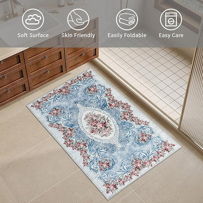 Easy-Going Floral Area Rug 2x3 Washable Entryway Rugs Front Door Mat Indoor Entrance Non-Slip Retro Flowers Small Entry Rug for Living Room Bedroom Kitchen Bathroom Office Lightweight Carpet, Teal Red