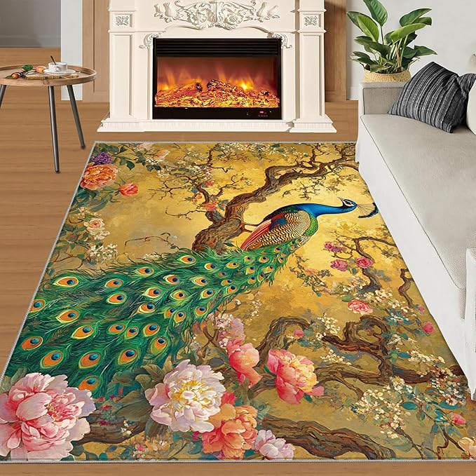 Peacock Peony Rugs for Bedroom - 6x8 Rug, Classic Peacock Peony Area Rugs for Living Room, Oriental Carpet, Floral Plant Washable Area Mat, Aesthetics Carpet - Peafowl Home Decor & Gifts