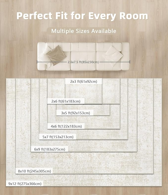 Runner Rug 2x6 Entryway Rug - Machine Washable Vintage Boho Area Rug Non-Slip Kitchen Runner Soft Stain Resistant Runners for Hallways Entryway Laundry Kitchen Bathroom Bedroom(Ivory, 2'x6')