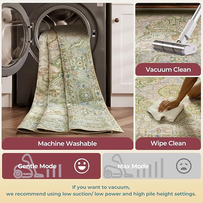 Kokia 6x9 Washable Sage Green Area Rugs with Vintage Orient Design Soft Rug for Living Room or Home Office Non-Slip Low Pile Stain Resistance Features Distressed Medallion Pattern