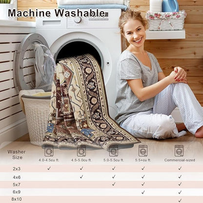 3x5 Mousse Brown Area Rug for Living Room, Machine Washable Rugs with Non-Slip Backing for Bedroom, Vintage Medallion Carpet Kitchen Laundry Kids Room Decor