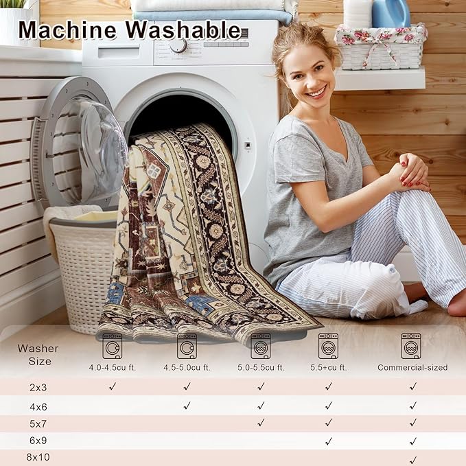 5x7 Mousse Brown Area Rug for Living Room, Machine Washable Rugs with Non-Slip Backing for Bedroom, Vintage Medallion Carpet Dining Room Office Kids Room Decor