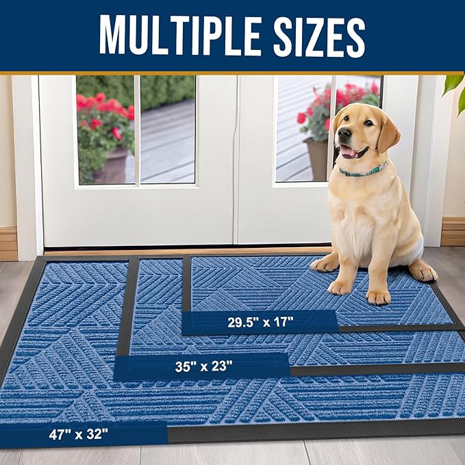 Kitinjoy Front Door Mat Outside Entrance, Sturdy Natural Dirt Trapper, Heavy Duty Rubber Doormat, Low Profile Non-Slip Backing, Easy Clean Floor Mat for Indoor Outdoor Entry, 47X32 Inch, Blue