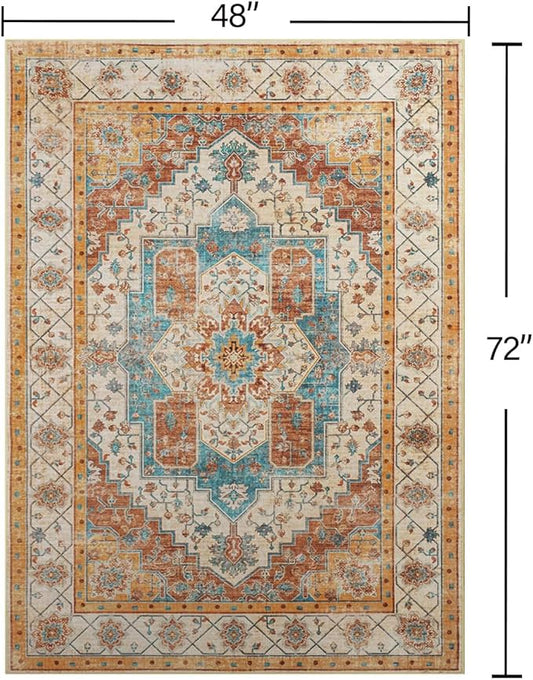 YJ.GWL Area Rugs for Living Room 4x6 Machine Washable Rugs for Bedroom, Non Slip Floral Vintage Rug Indoor Carpet, Stain Resistant Throw Rug for Dining Room Kitchen, Brick Orange