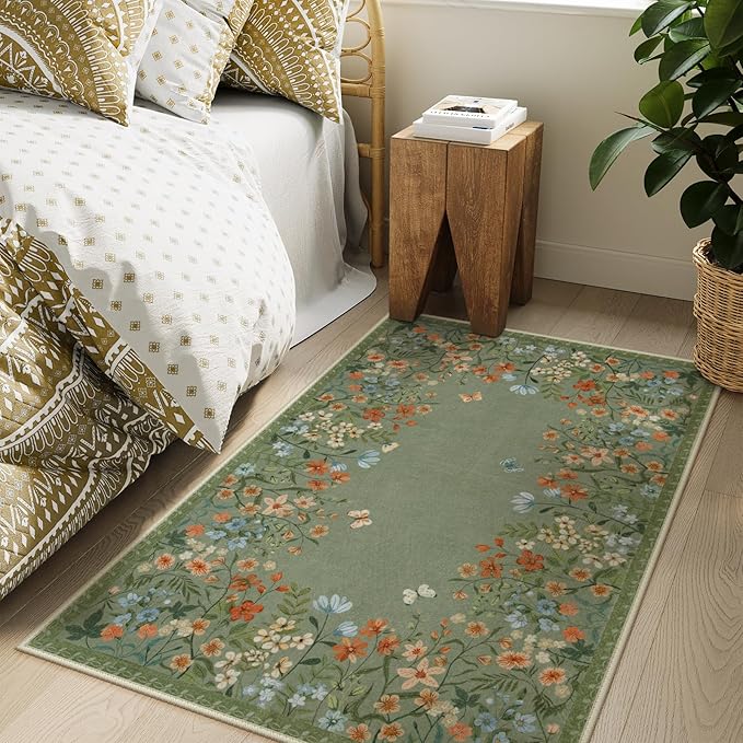 Lahome Boho Floral 3x5 Washable Rugs for Entryway Soft Rug for Bedroom,Green Kitchen Rugs Non Slip Washable,Indoor Carpet Throw Carpet for Bathroom Laundry Living Room Foyer(Green,3x5)