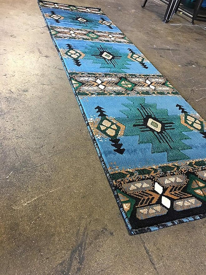 YHSF South West Native American Area Rug C318 - Easy Clean, Thick, Soft, Durable Native Tribal American Indian Inspired Rug for Bedroom/Living Room and More - Blue-Green, 2 Feet x 7 Feet