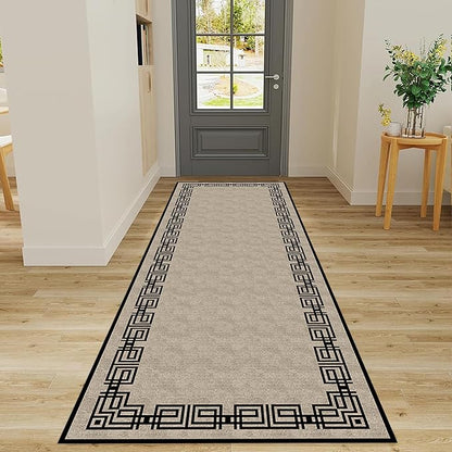Vintage Tribal Hallway Rugs, 3.3x7ft, Southwest Brown Rustic Native Ethnic Greek Key Pattern Carpet Runners, Ultra-Thin Foldable Low Pile Distressed Rug for Dining Room Lounge