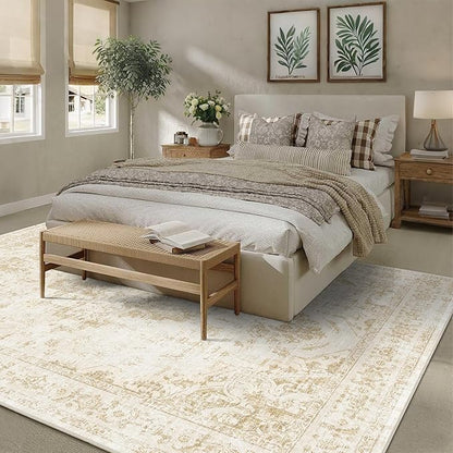 8x10 Vintage Washable Area Rugs Boho Medallion Large Distressed Retro Accent Carpet Floral Non-Slip Soft Low Pile Indoor Throw Rug for Living Room Bedroom Dining Room Office Kitchen, Beige