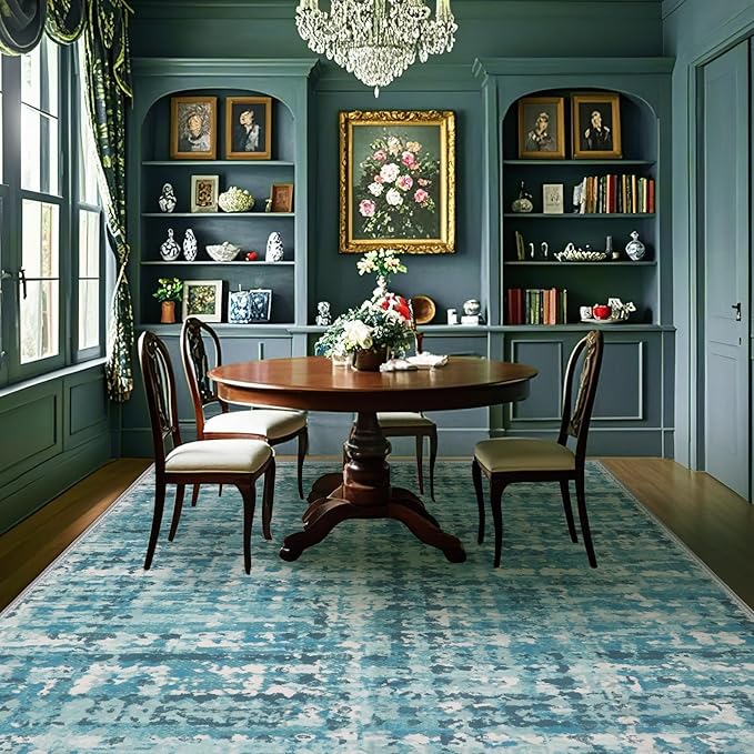8x10 Abstract Area Rugs for Living Room, Modern Teal Blue Washable Indoor Rug for Bedroom, Thin Soft Large Non-Slip Carpet for Dining Room Home Office Farmhouse Decor