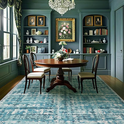 9x12 Abstract Area Rugs for Living Room, Modern Teal Blue Washable Indoor Rug for Bedroom, Thin Soft Large Non-Slip Carpet for Dining Room Home Office Farmhouse Decor