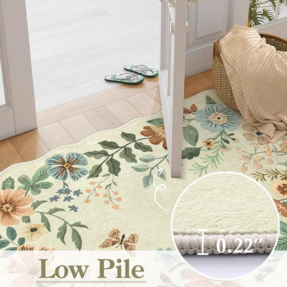 Lahome Floral Machine Washable Rug, 3x5 Rug Non Slip Soft Bedroom Rugs for Entryway Dorm, Ultra-Thin Boho Rugs for Living Room Stain Resistan Throw Carpet for Nursery Entrance, Beige