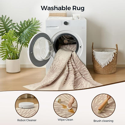 WITSHOCK 6x8 Area Rugs for Living Room: Beige Floral Washable Rugs for Bedroom Dining Room Office Nursery Modern Non-Slip Stain Resistant Low Pile Home Decor（Beige/Brown,6'x8'）