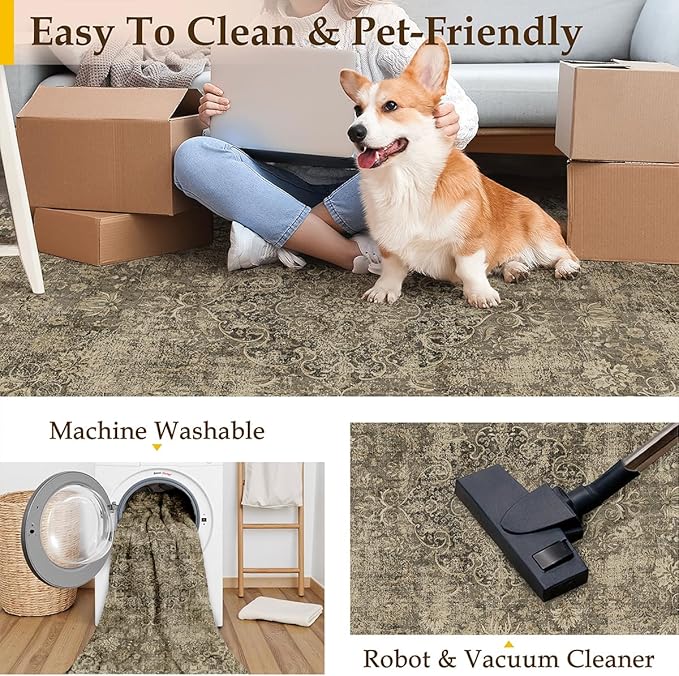 2x8 Washable Brown Runner Rug Vintage Hallway Kitchen Carpet Non-Slip Soft Low Pile Distressed Throw Rug for Bedroom Bathroom Laundry Living Room