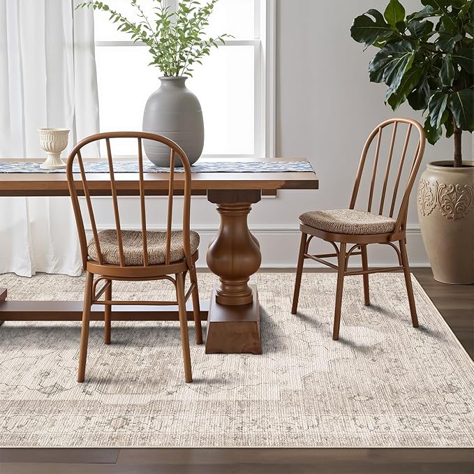 LUMI 8x10 Washable Area Rug for Living Room, Ultra Soft Vintage Rug with TPE Non Slip Backing, Stain Resistant, Low Profile Carpet High Traffic for Bedroom, Dining Room