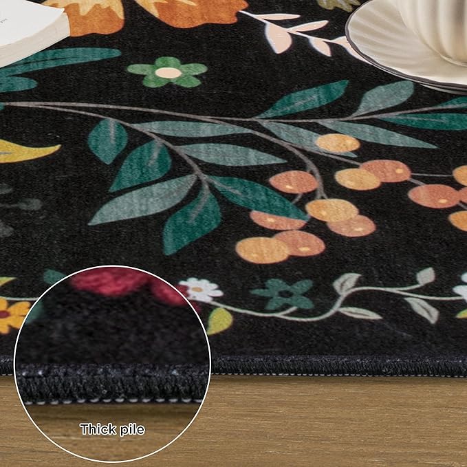 Rug Runners 2x6, Floral Washable Kitchen Rugs for Hallways Area Rugs, Non Slip Long Rug Low Pile Entrance Doormat, Flower Carpet for Kitchen, Entryway Indoor, Bedroom, Bathroom, Laundry, Black