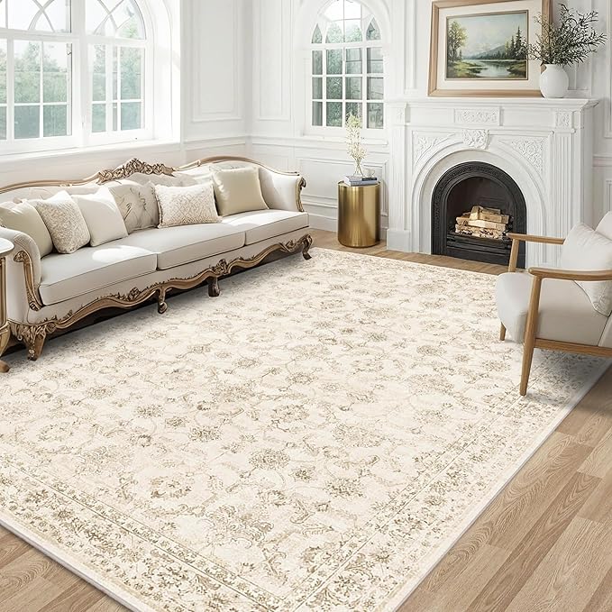 Washable Area Rug 5x7 Beige Rugs for Living Room, Vintage Boho Large Rug for Bedroom Dining Room Office, Distressed Floral Print Carpet for Under Table, Soft Non Slip Low Pile Throw Carpet Indoor Mat