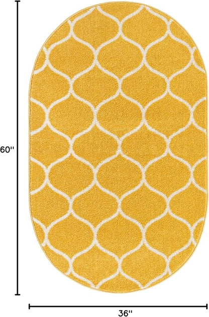 Rugs.com Lattice Frieze Collection Rug – 3' 3 x 5' 3 Oval Yellow Medium Rug Perfect for Living Rooms, Large Dining Rooms, Open Floorplans