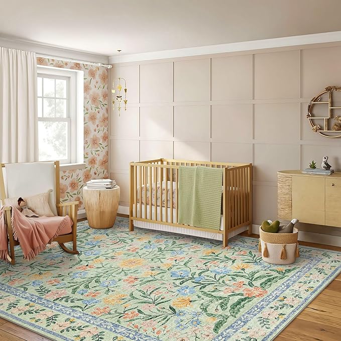 Morebes Boho Light Green Large Area Rugs for Bedroom, Floral Washable Area Rugs 9x12 Living Room Non Slip, Soft Thin Distressed Carpet for Nursery Girls Home Dinning Room Kids Playroom