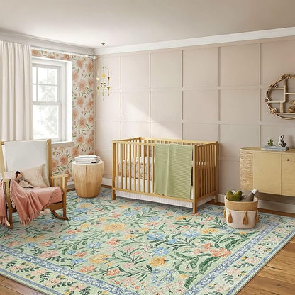 Morebes Boho Light Green Large Area Rugs for Bedroom, Floral Washable Area Rugs 9x12 Living Room Non Slip, Soft Thin Distressed Carpet for Nursery Girls Home Dinning Room Kids Playroom