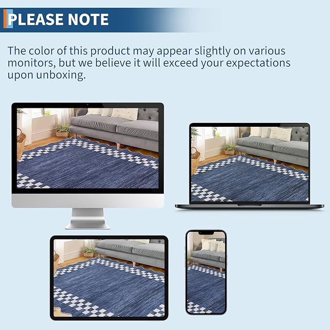 GarveeHome Scalloped Washable Rug 9x12 Area Rug for Living Room Modern Border Large Bedroom Throw Carpet with Rubber Backing Stain Resistant Boho Rug for Dining Room Home Decor Office, Blue