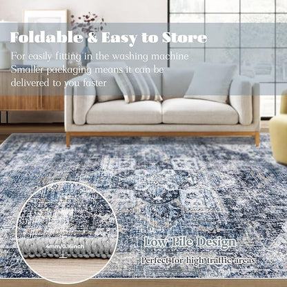 Area Rug 9x12 Washable Rug, Vintage Boho Medallion Rugs Non-Slip Soft Low Pile Large Distressed Rug Indoor Retro Carpet for Living Room Bedroom Dining Room Home Office (Blue, 9'x12')