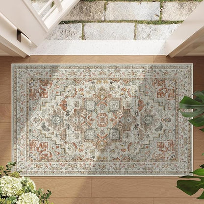 Enkor Area Soft Rugs 2x3 Washable Non Slip Boho Small Floor Entryway Rugs for Living Room Bedroom, Vintage Style Farmhouse Mat for Kitchen Beige & Orange