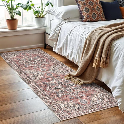 KOZYFLY Runners for Hallways 2x6 Ft Washable Kitchen Runner Rug Boho Runner Rug for Entryway Indoor Printed Oriental Faux Wool Floor Carpet Runner for Bedroom Kitchen Hall, Terracotta/Beige