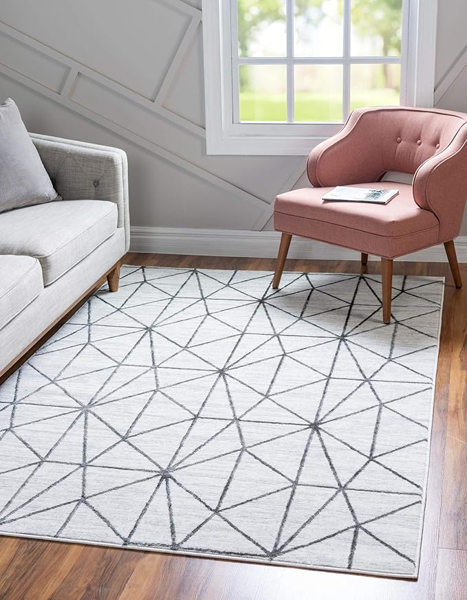 Rugs.com Lattice Trellis Collection Rug – 10' x 14' White Low-Pile Rug Perfect for Living Rooms, Large Dining Rooms, Open Floorplans