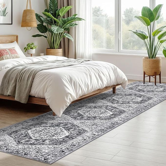KOZYFLY Long Runners for Hallways 2x10 Ft Washable Kitchen Runner Rug Boho Runner Rug for Entryway Indoor Printed Faux Wool Stair Runner Floor Carpet for Stair Kitchen Hall, Grey