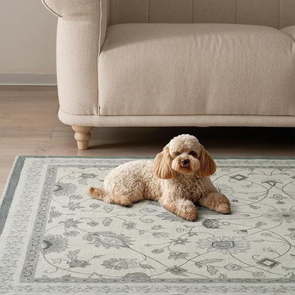 EVERGRACE Area Rugs for Living Room 5x7, Boho Floral Faux Wool Indoor Outdoor Rugs, Washable Rugs for Bedroom Dining Room Entryway Kitchen, Low Pile Floor Mat Carpet for Home Decor, Cool Gray