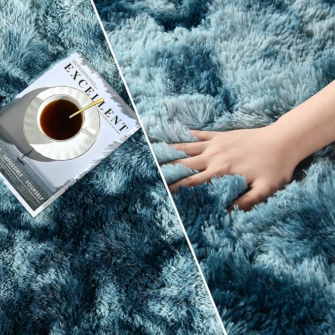 Large Shag Area Rugs 5 x 8, Tie-Dyed Plush Fuzzy Rugs for Living Room, Ultra Soft Fluffy Furry Rug for Bedroom, Indoor Carpet Nursery Rugs for Kids Room Home Decor, Peacock Blue
