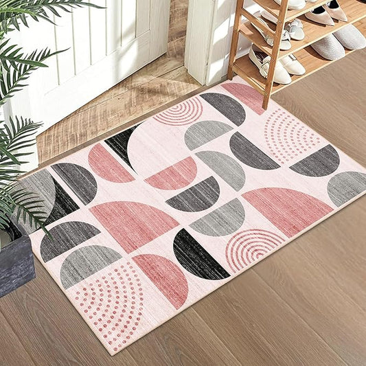 MUJOO Small Rug Washable,Boho 2x3 Area Rugs for Entryway Bathroom Entry Entrance Bedroom Kitchen,Front Door Mat Throw Carpet Non Slip Indoor Soft Modern Abstract Pink and Grey