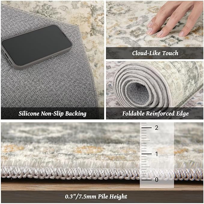 Washable 2x3 Entryway Rug, Boho Non-Slip Door Mat Vintage Distress Small Rugs for Kitchen Nursery Office Bedroom, 0.3" Neutral Oriental Throw Carpet with Cushioning Pad,Grey/Beige/Orange/Multi