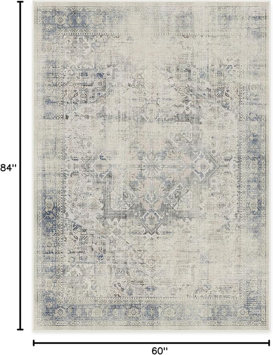 RUGGABLE Washable Vintage Area Rug – Kamran Blue Quartz 5x7, Stain-Resistant, Non-Slip – Medium Machine Washable Rugs for Living Room, Bedroom, Hallway, Entryway & Office–with Cushioned Pad