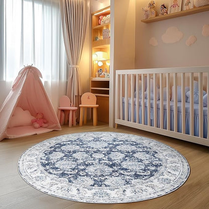 jinchan Fiora Round Rug 4ft Area Rugs Vintage Floral Distressed Design - Machine Washable Non-Slip Low-Pile Ultra-Thin Circle Rug for Entryway Bedside Living Room Bedroom (4' Round, Dark Blue)