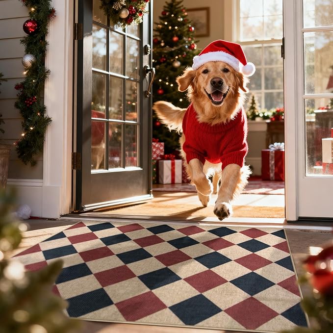 Lahome Christmas Outdoor Rug, 3x5 Outdoor Christmas Decor Rugs for Entryway Front Door Indoor Outdoor Plaid Carpet, Checkered Red and Black Non Shedding Carpet for Patio Porch