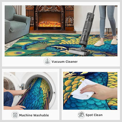 Peacock Rug 6x8-6x8 Rug, Wonderful Peacock Area Rugs for Bedroom, Teal Turquoise Rugs for Living Room, Modern Style Washable Mat, Malachite Green Feather Carpet - Peafowl Home Decor & Gifts