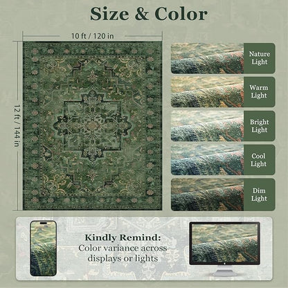 Green Large Area Rugs 10x12, Living Room Bedroom Carpet Extra Large Size Washable Non Slip, Vintage Distressed Medallio Low Pile Thin Rug for Big Dining Room