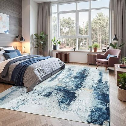 Washable Abstract Rug, 5x8 Modern Area Rugs with Non-Slip Rubber Backed for Living Room, Thin but Soft Contemporary Carpet Kitchen Bedroom Dining Room Decor, Blue White