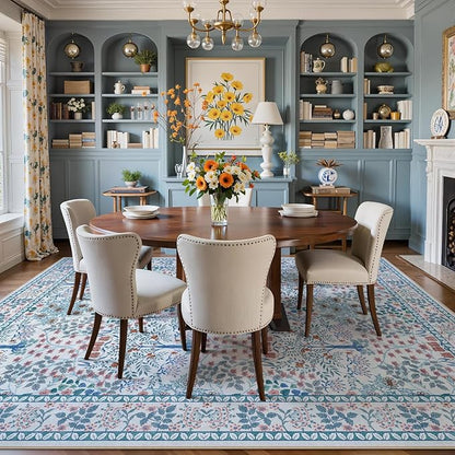 8x10 Area Rugs Living Room Rug - Floral Vintage Forest Washable Carpet, Low Pile Non-Slip Stain Resistance Boho Soft Large Carpet for Bedroom, Dining Room, Office, Farmhouse (8'x10' Blue/Pink)