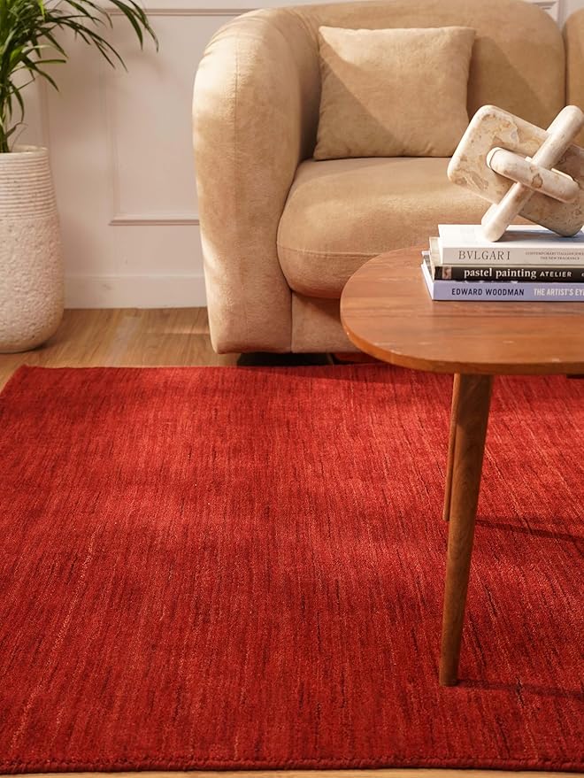 Hand Knotted Loom Wool ECO-Friendly Area Rugs - 8'x8', Square, Red Color, Solid Plain Design, High Pile Thick Handmade Anti Skid Area Rugs for Living Room, Bed Room (L00111)