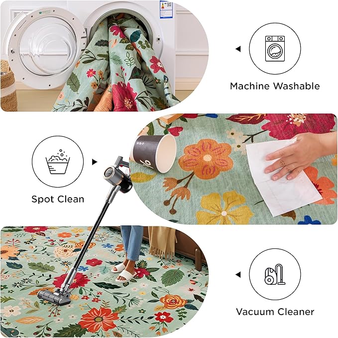 3x5 Area Rug, Floral Green Washable Rug for Entryway, Non Slip Flower Area Rugs, Soft Low Pile Indoor Doormat Small Carpet, Rugs for Living Room Bedroom Nursery Kitchen Dining Room, Sage Green