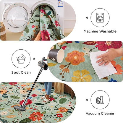 3x5 Area Rug, Floral Green Washable Rug for Entryway, Non Slip Flower Area Rugs, Soft Low Pile Indoor Doormat Small Carpet, Rugs for Living Room Bedroom Nursery Kitchen Dining Room, Sage Green