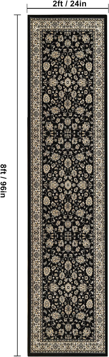 XWZO Washable Hallway Runner Rug 2x8ft — Non-Slip Low Pile Area Rug with Rubber Backing, Spill Resistant Soft Flower Floor Carpet Runner for Kitchen Entryway Doorway Bedroom Corridor, Black