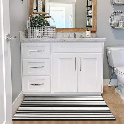 KOZYFLY Black and White Striped Porch Runner Rug 2x4.3 Ft Washable Outdoor Rug Farmhouse Outdoor Doormats Double Front Door Rug Striped Runner for Front Door Kitchen Hallway Bathroom