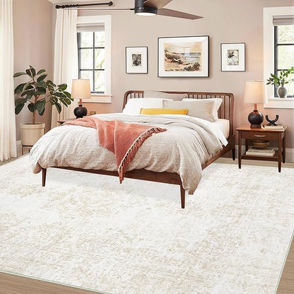 Vintage Living Room Area Rug - 6x9 Large Machine Washable Boho Moroccan Rug Distressed Farmhouse Rugs for Bedroom - Soft Non-Slip Indoor Carpet for Dining Room Office Nursery(Ivory, 6'x9')