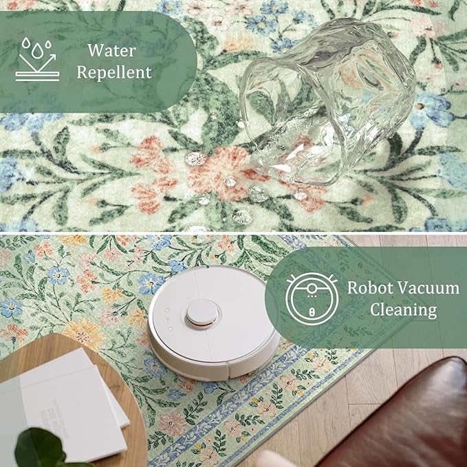 Morebes Washable Area Rugs 5x7 for Living Room, Boho Floral Green and Pink Nursery Rug Non Slip, Soft Vintage Flower Indoor Floor Carpet for Bedroom Dining Room, Sage Green