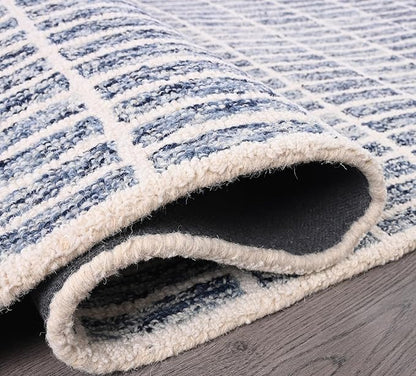 Hand-Tufted 100% Wool Area Rug – Unique Modern Geometric Grid Pattern, Soft Plush Textured Carpet for Living Room, Bedroom, Dining Room & Entryway (Denim Blue, 8' x 10')