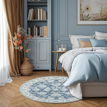 jinchan Fiora Round Rug 4ft Area Rug - Indoor Vintage Hallway Circle 4' Washable - Ultra-Thin Low Pile Soft Small Non Slip Distressed Floral Print for Living Room Bedroom Entryway Dark Blue