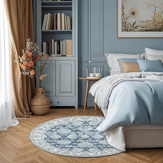 jinchan Fiora Round Rug 4ft Area Rug - Indoor Vintage Hallway Circle 4' Washable - Ultra-Thin Low Pile Soft Small Non Slip Distressed Floral Print for Living Room Bedroom Entryway Dark Blue